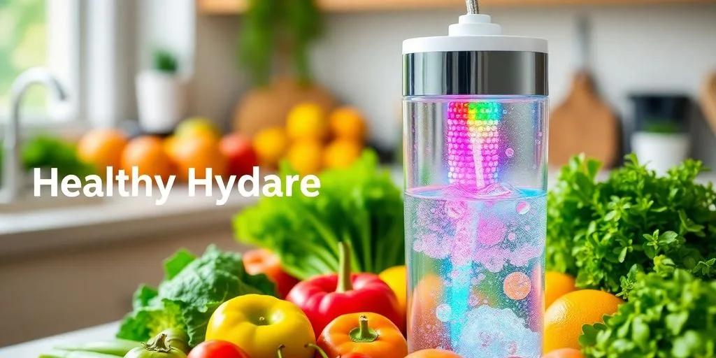 Colorful water ionizer with fresh produce around it.