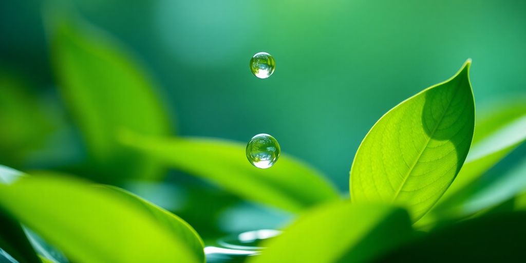 Water droplet on green leaves representing wellness benefits.