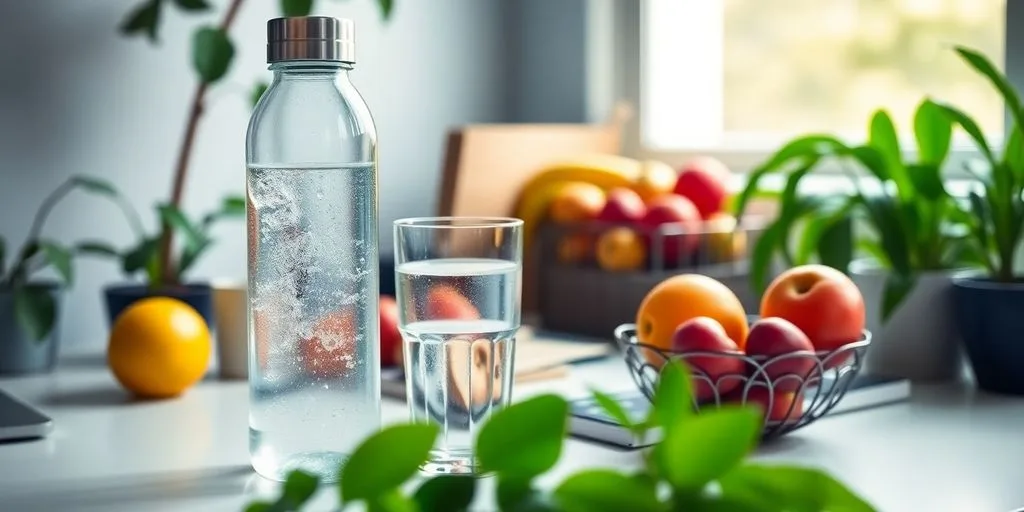 Workspace with water bottle, fruits, and plants for hydration.