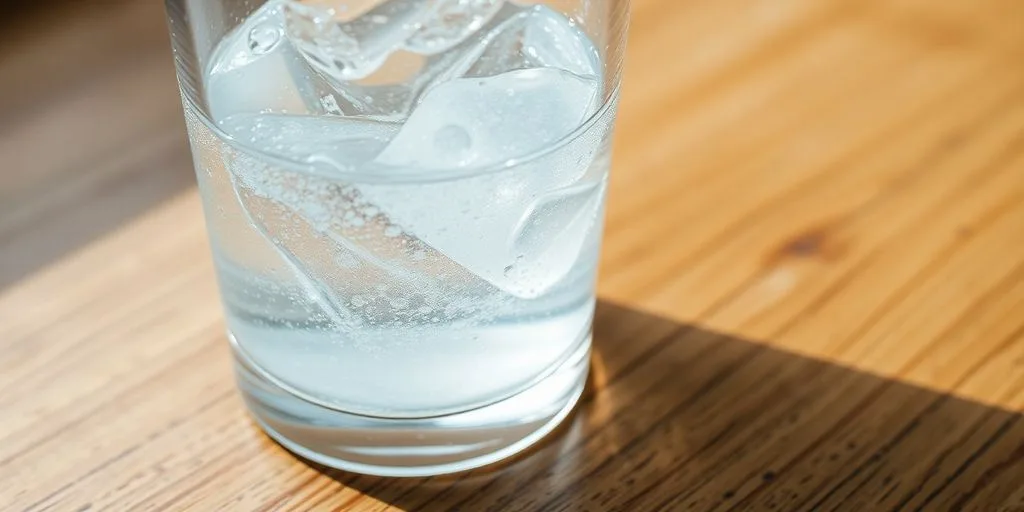 Clear glass of water on a wooden table.