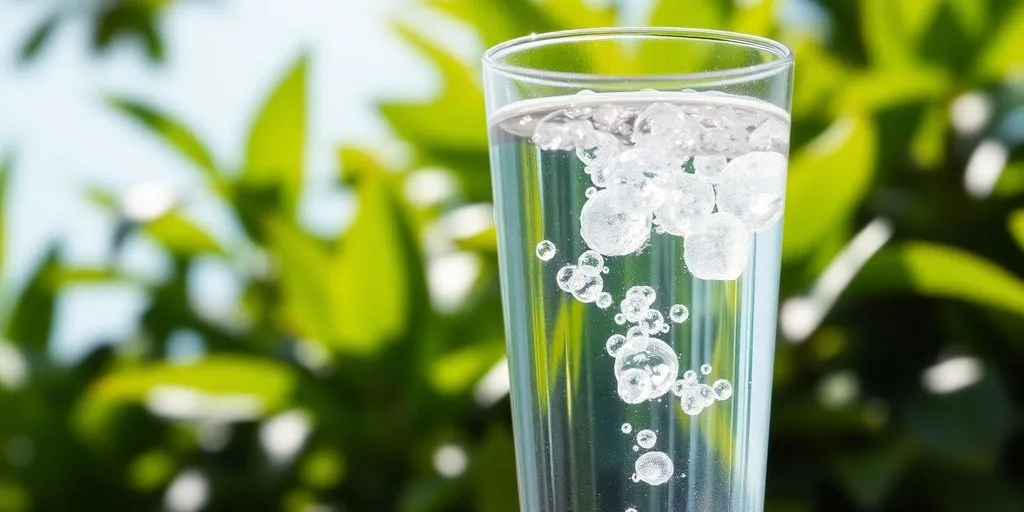 Glass of alkaline ionized water with fresh green leaves.