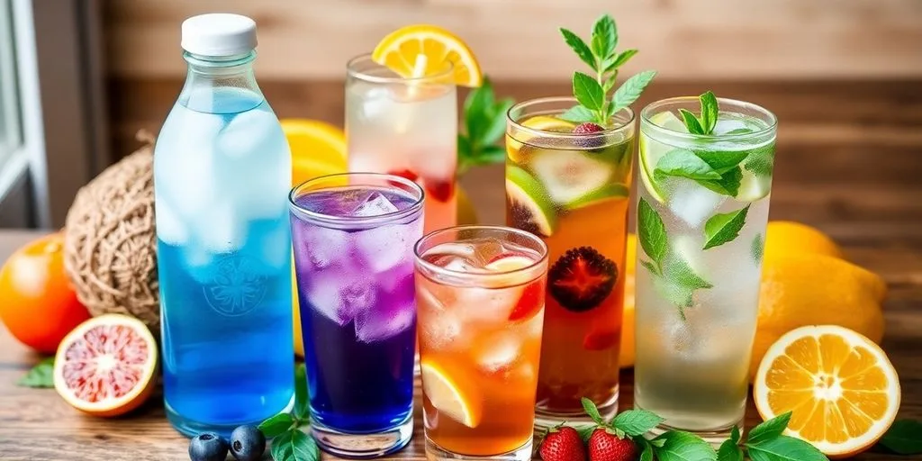 Colorful drinks in glasses with fruits and herbs.