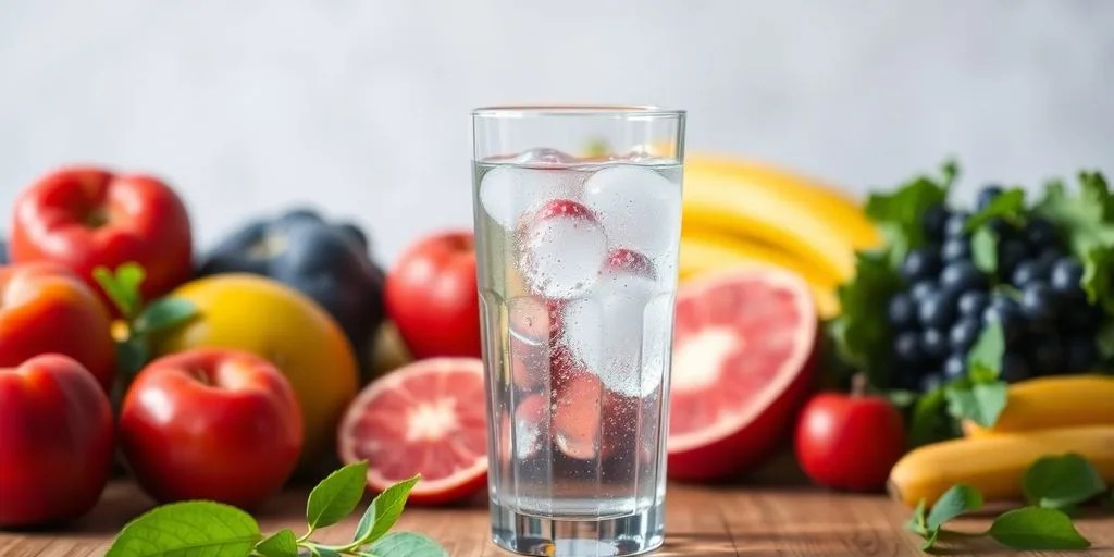 Glass of water with fresh fruits and vegetables nearby.