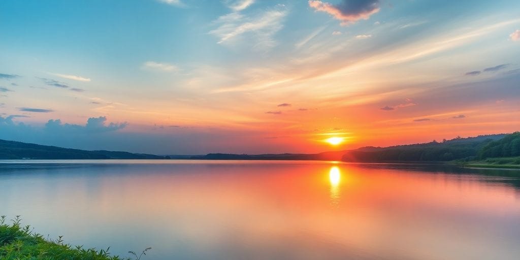 Serene sunrise over a calm lake with lush greenery.