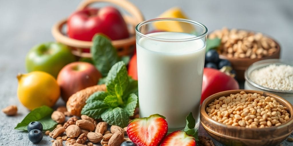 Glass of milk with fresh fruits and grains on a table.