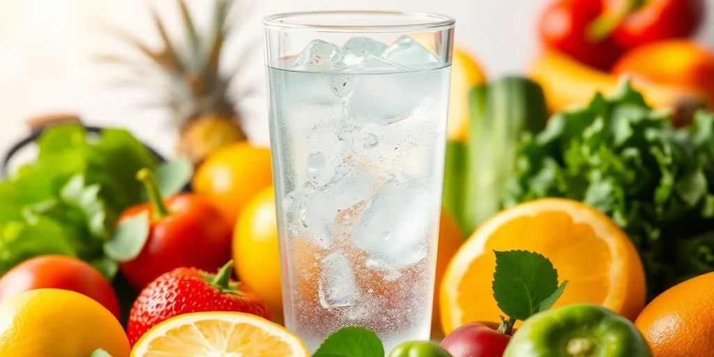 Glass of water with fruits and vegetables for hydration.