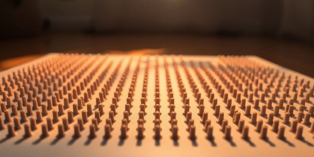Acupressure mat with needles against a calm background.