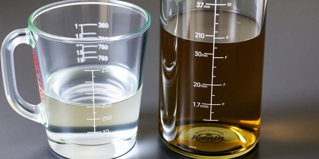 Measuring cup filled with liquid next to a liter bottle.